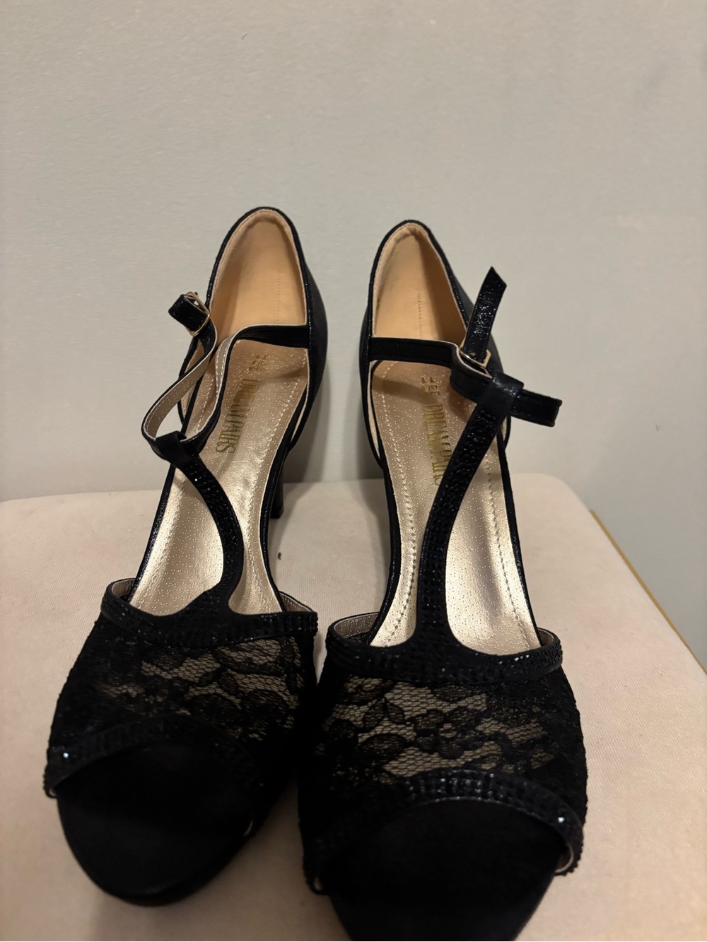 Dream Pairs Black Lace T-Strap Heels with Ankle Buckle